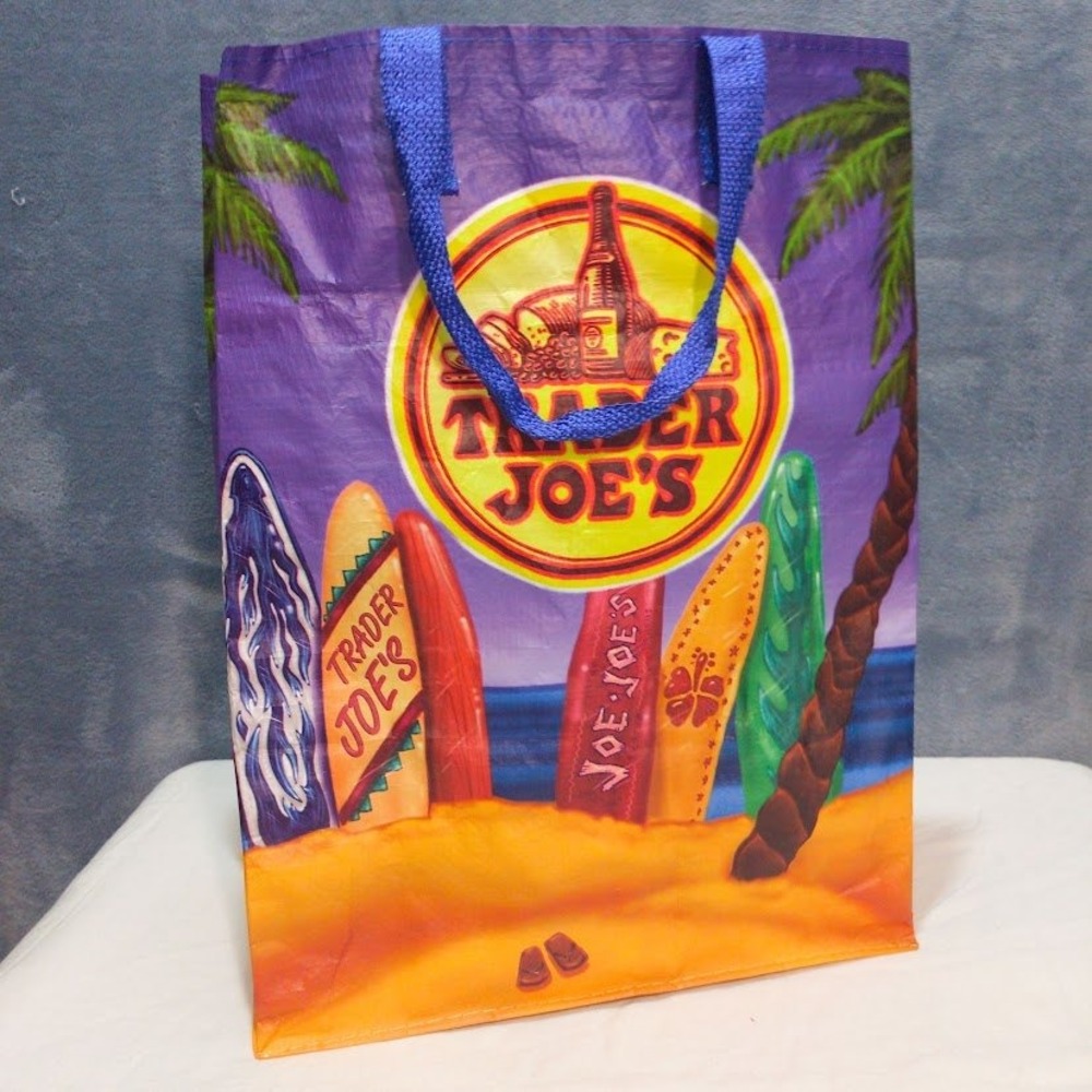 Vtg Trader Joe's Reusable Grocery Bag Surfboard Beach Theme Tropical Tote Purple